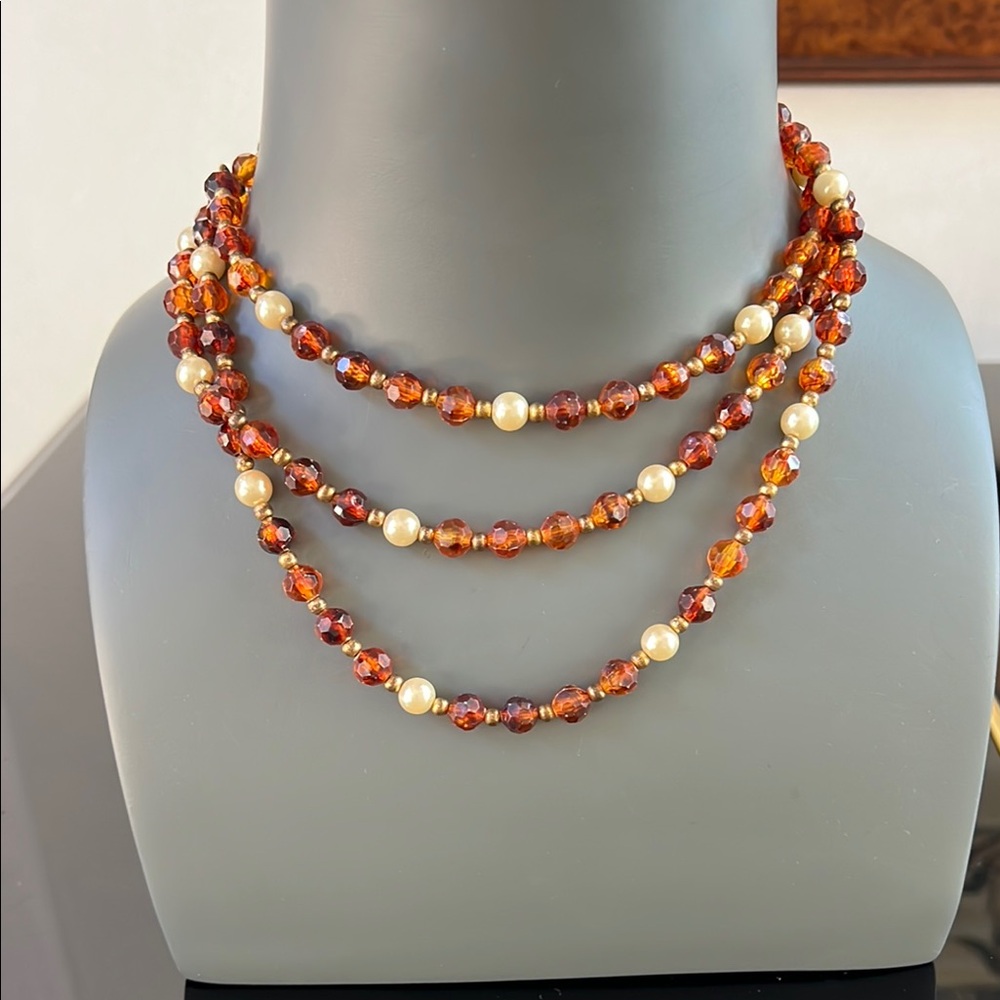 Elegant Amber and Pearl 27” Long Necklace with clasp Gorgeous Color Combo